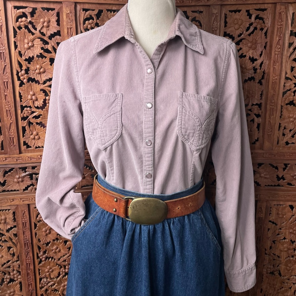 Vintage 90s Lilac Corduroy Western Button-Front Pearl Snap Chambray Shirt